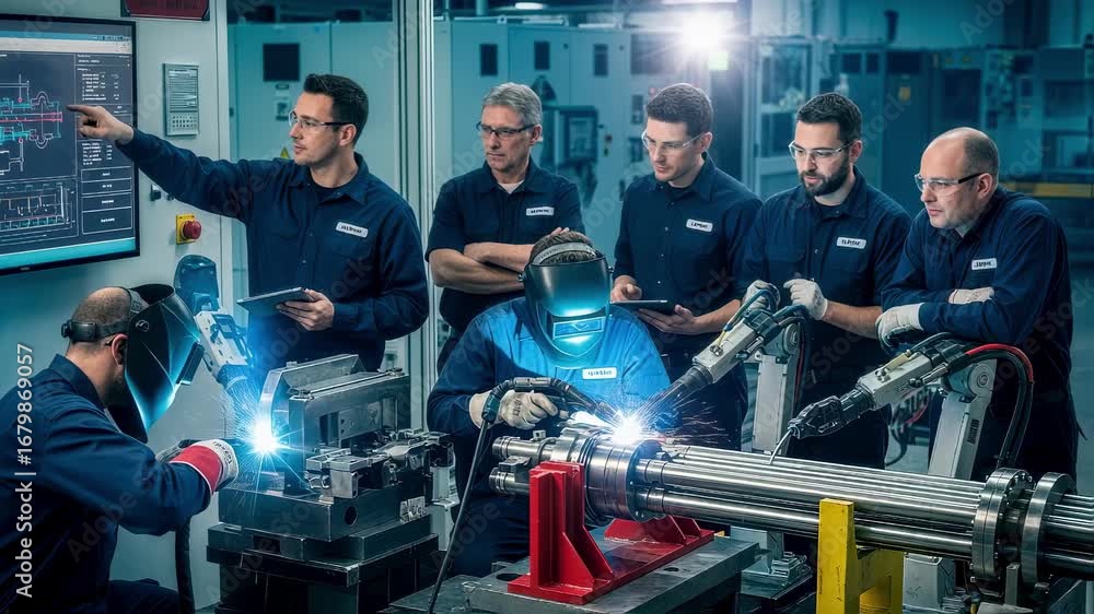 Poster group of technicians coordinating workflow around moltensalt reactor heatexchanger tubebundle weldin