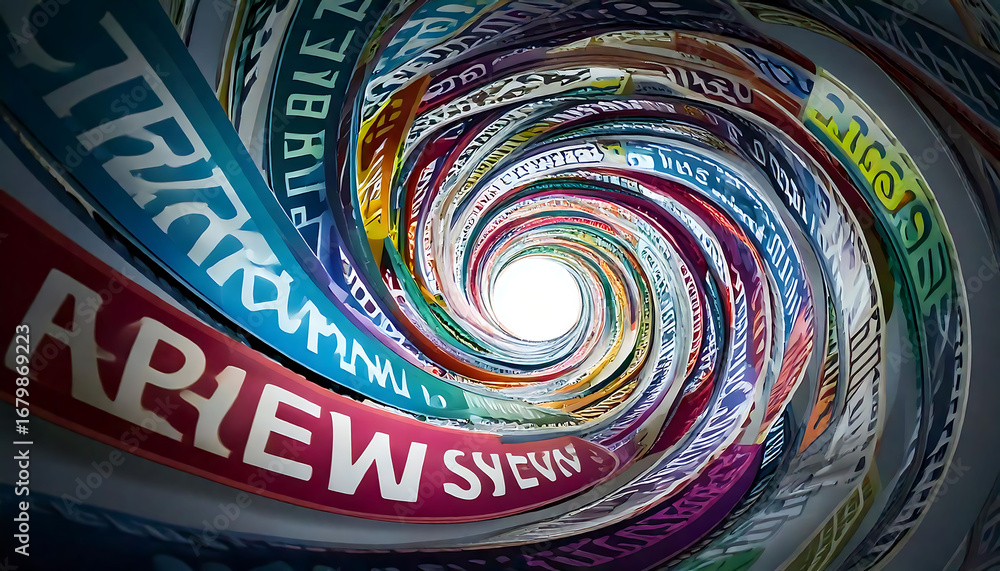 Poster vibrant swirl of colorful banners and text creates a dynamic, abstract vortex. perfect for concepts 
