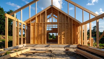 A  wooden house framing under a bright sky, showcasing the structural framework and construction site.