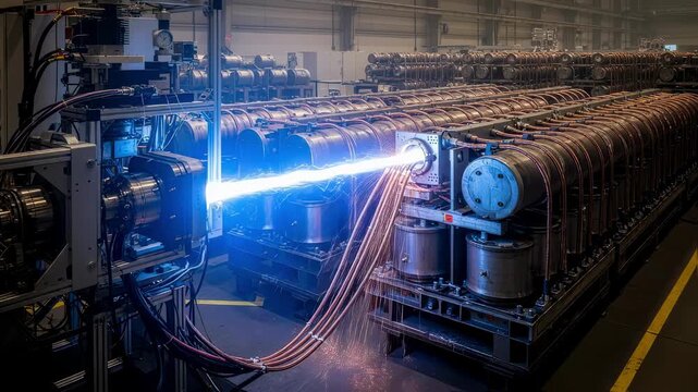 Energy pulse simulator testing large capacitor arrays on an indoor railgun capacitor bank manufacturing floor.