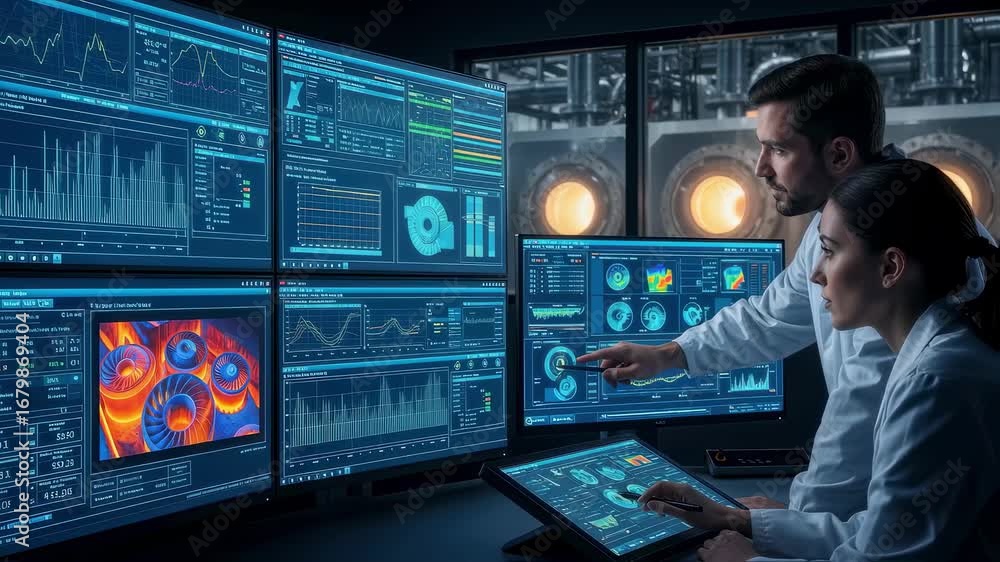 Poster technicians monitoring realtime data on advanced furnace systems during the sintering of ceramic tur