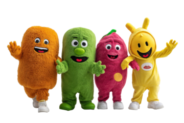 Four Colorful Happy Mascot Characters on Transparent Background
