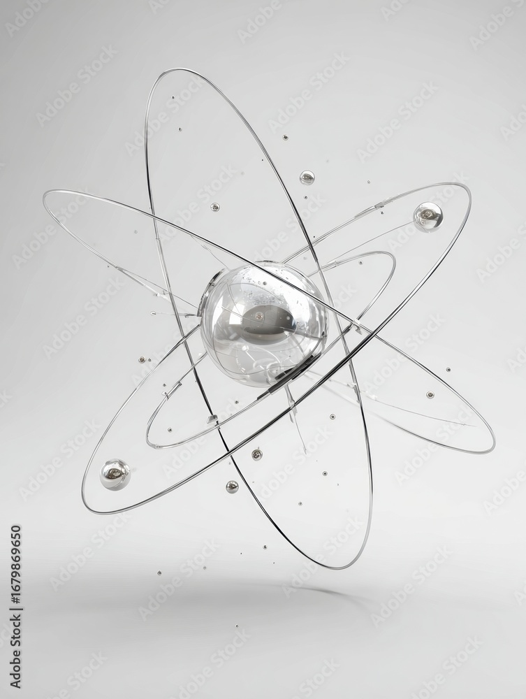 Poster 3d model of an atom with swirling electrons and a shiny nucleus on a gradient background