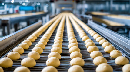 Conveyor belt with dough balls in a bakery production line