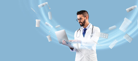 Middle Eastern doctor in white coat engages with a laptop while medication and pills float around....