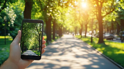 A hand holds a smartphone capturing a sun-drenched park path lined with lush, green trees, the sunlight creating a warm glow.  The background shows a blurred continuation of the tree-lined walkway