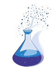 Innovative Science Experiment: Vibrant Blue and Purple Chemical Reaction in Laboratory Flask with Smoke and Bubbles