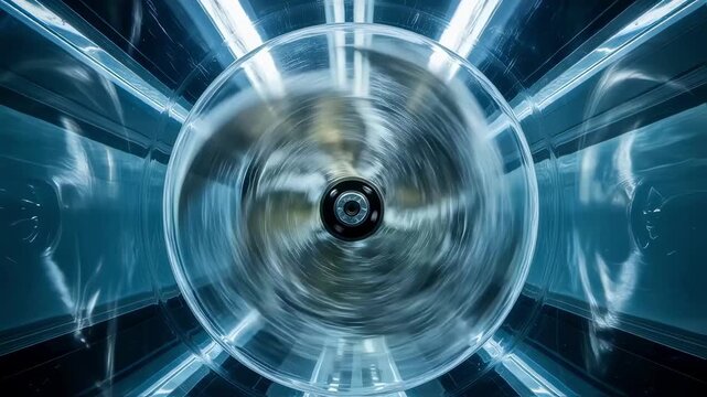 Detailed shot of propeller blades spinning in transparent cavitation tunnel water demonstrating fuelsaving performance testing for ships.