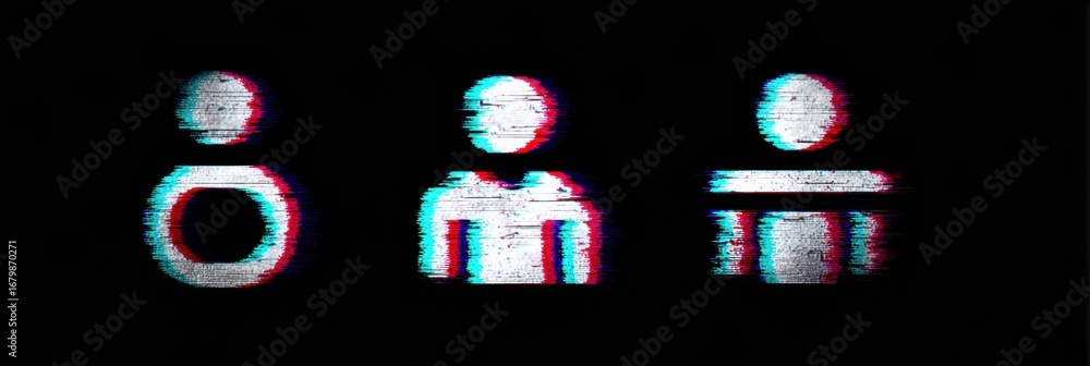 Poster symbols representing human figures displayed with a glitch effect against a black background, creati