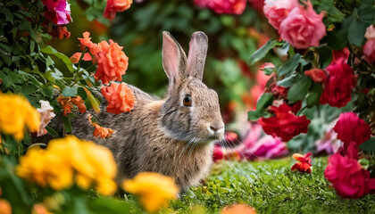 Fototapeta premium Adorable bunny rabbit nestled amongst vibrant blooms of pink, orange, and red roses. Perfect for spring, Easter, nature, or pet-themed projects.