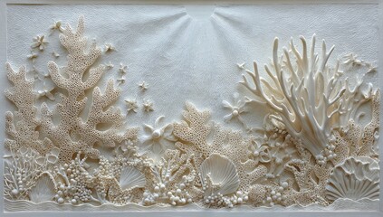 Ornate coral reef bas-relief, light shining through,  peaceful underwater scene