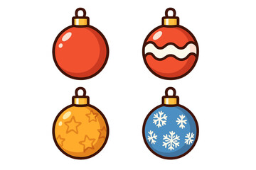 Set of Christmas ball icons. Festive New Year baubles collection. Winter holiday cartoon vector illustration. Xmas tree toy ornaments for celebration design on transparent background.