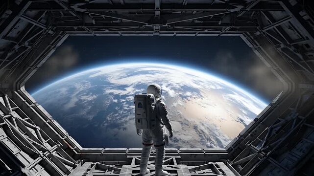 An astronaut stands in a large spaceship hangar looking out the open bay door at the sunlit planet Earth.