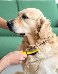 A person gently brushes a light beige golden retriever's fur.