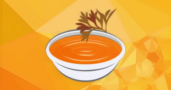 On load white bowl holding orange soup topped brown garnish centered against yellow polygons