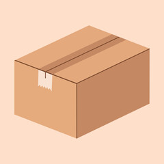 An isometric vector illustration of a simple closed cardboard box sealed with white tape, representing shipping, delivery, and e-commerce.