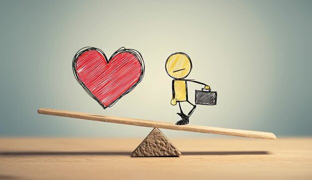 Balancing a briefcase and heart, a stick figure shows the need to manage work responsibilities alongside emotional and personal life