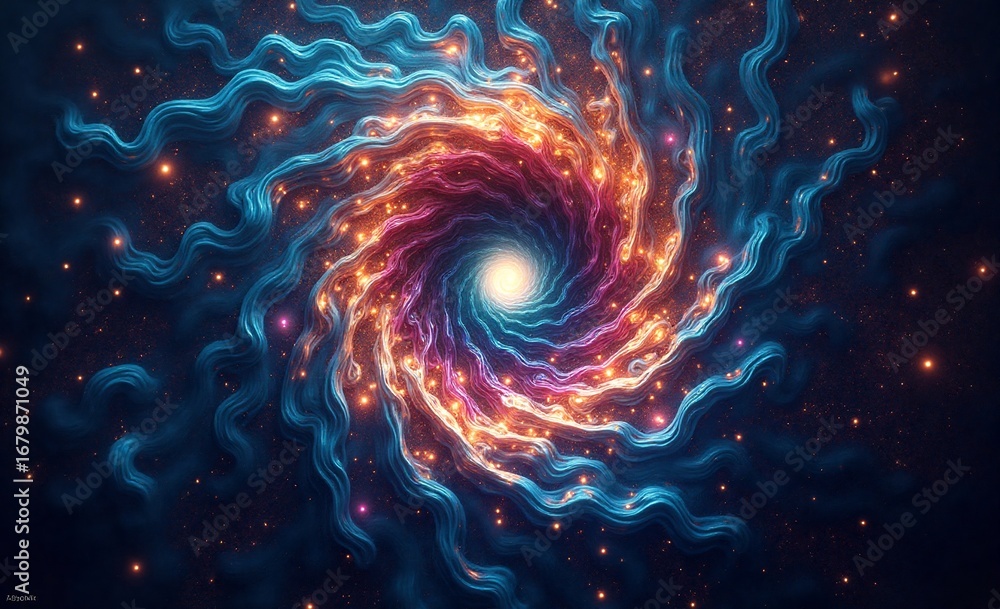 Poster an enchanting abstract art creation showing a dynamic, glowing cosmic swirl, radiating light amidst 