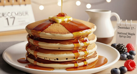 A stack of pancakes with syrup and butter next to berries and a calendar marking national maple syrup day
