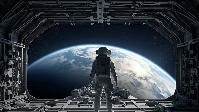 An astronaut inside an industrial spaceship bay contemplates the view of planet Earth from a large open window.
