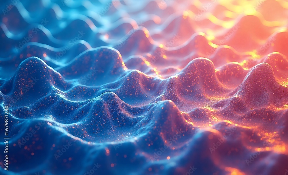 Poster abstract art with a striking gradient of cool blue to warm orange, featuring a textured, rippling su