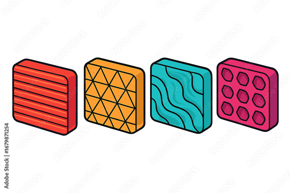 Poster colorful isometric 3d texture swatches. abstract geometric pattern samples for creative design proje