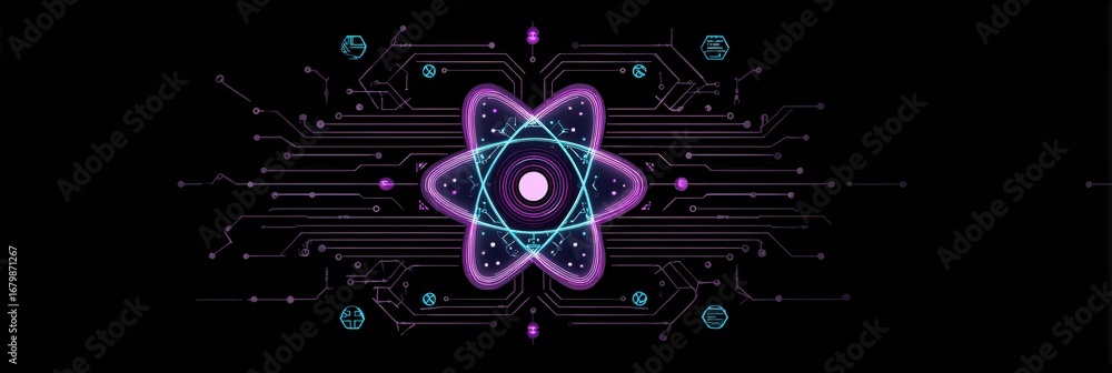 Poster visual representation of an atom with circuits and connections illustrating technology and science