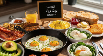 A breakfast spread with eggs, bacon, sausage, toast, avocado, and a world egg day sign on the table
