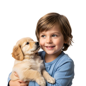 Child Holding a Golden Retriever Puppy on White Background