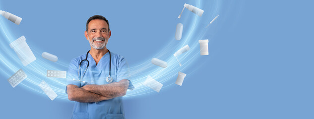 A smiling doctor in blue scrubs stands confidently with arms crossed. Around him, various...