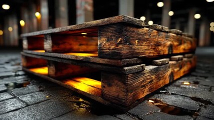 Rustic wooden pallets arranged in an industrial warehouse under warm ambient lighting during evening hours - Powered by Adobe
