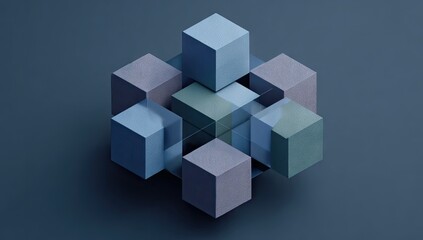 Obraz premium A three-dimensional arrangement of interlocking cubes in muted blues and grays, creating a complex and visually appealing abstract design.