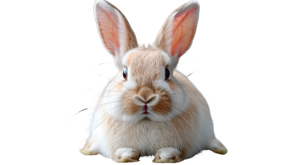 Cute and fluffy white domestic rabbit with long ears on a white background