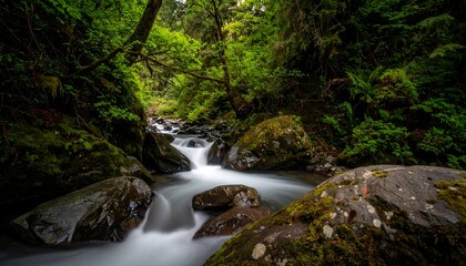 Obraz premium Lush Green Forest Stream with Smooth Water Flow Over Mossy Rocks.