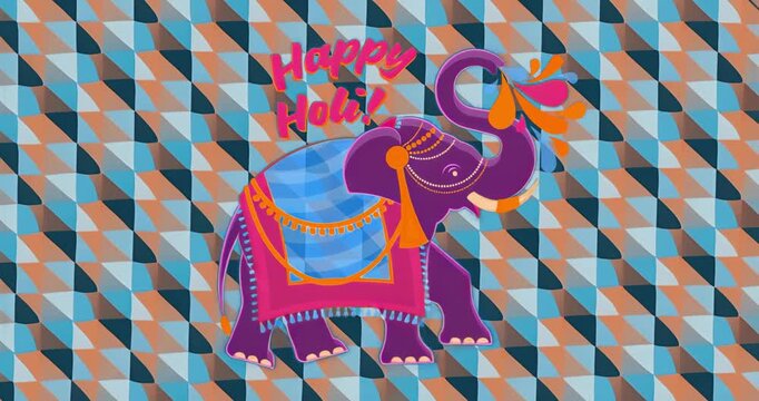 Elephant trunk moving upward causing orange magenta droplets arcing over triangle pattern for Holi