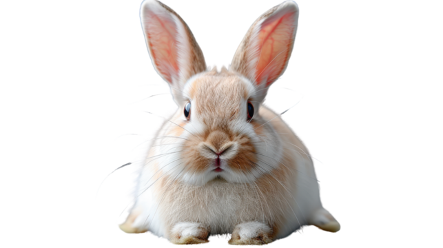 Cute and fluffy white domestic rabbit with long ears on a white background