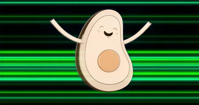 On loop start avocado half lifting arms against pulsing neon green stripes to form seamless loop