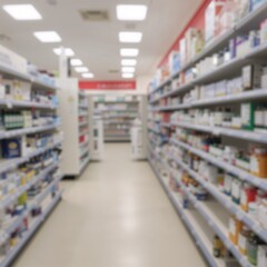 Pharmacy drugstore blur abstract backbround with medicine and healthcare product on shelves.