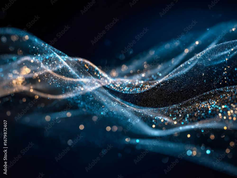 Aufkleber abstract shimmering particles forming dynamic wave patterns in a dark background