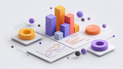 Abstract data visualization, isometric style.  Colorful 3D bar graphs, pie charts, and other geometric shapes arranged on layered, white surfaces, evoking a digital dashboard or report