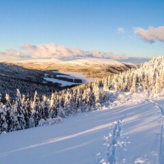 Snowy mountain vista reveals a pristine landscape of frosted forests and a serene lake nestled within the valley below.