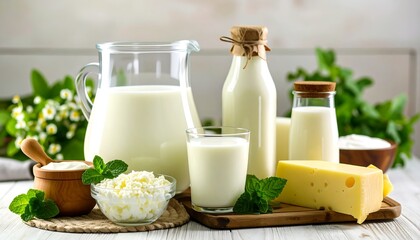 Dairy products assortment on a white table