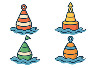 Set of nautical buoys floating on sea waves. Marine safety and navigation equipment. Colorful marker buoys collection. Vector cartoon icon illustration for maritime design.