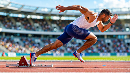 Male Athlete at the Starting Blocks of a Race