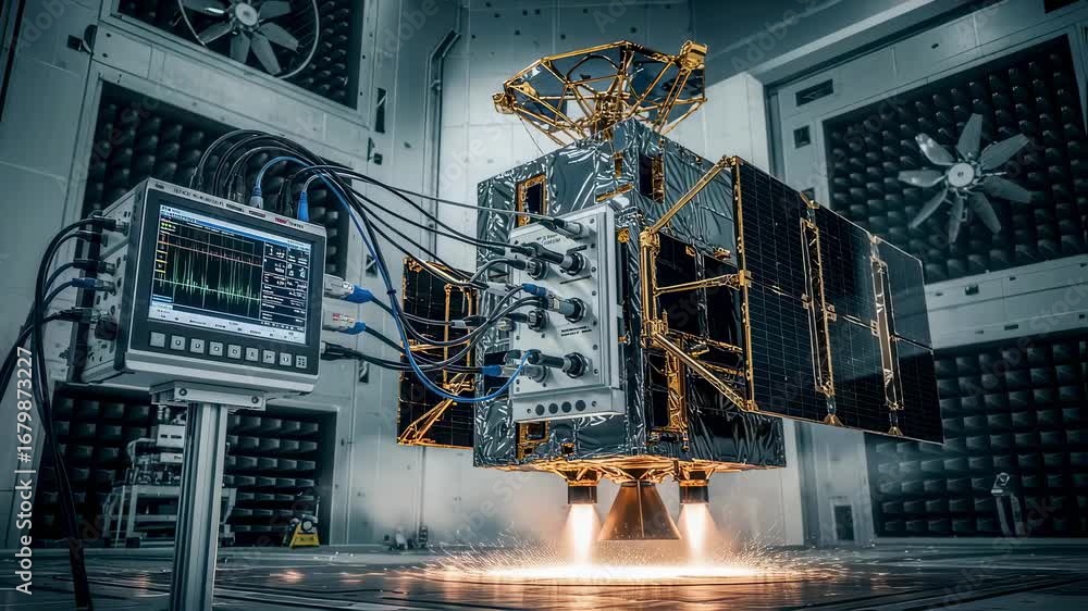 Poster highfrequency vibration diagnostics equipment connected to weather satellite during simulated launch