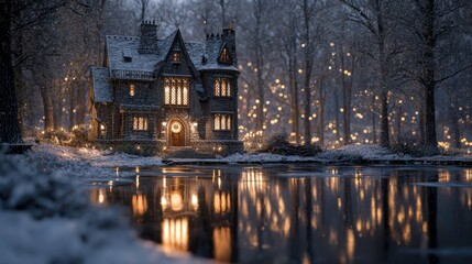 Fototapeta premium Winter snowy house with glowing windows by icy lake, surrounded by fairy lights on trees, magical holiday scene, peaceful atmosphere, reflection on frozen water