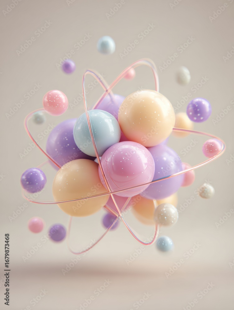Poster colorful atom model floating in space with vibrant spheres and electrons representing different elem