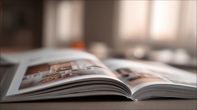 Medium shot of printed catalog pages held open showing detailed product photos in crisp focus edges and surroundings softly out of focus for emphasis