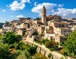 Obraz premium A picturesque view of a historic Italian town nestled in a valley, featuring terracotta-colored buildings, lush greenery, and a clear blue sky.