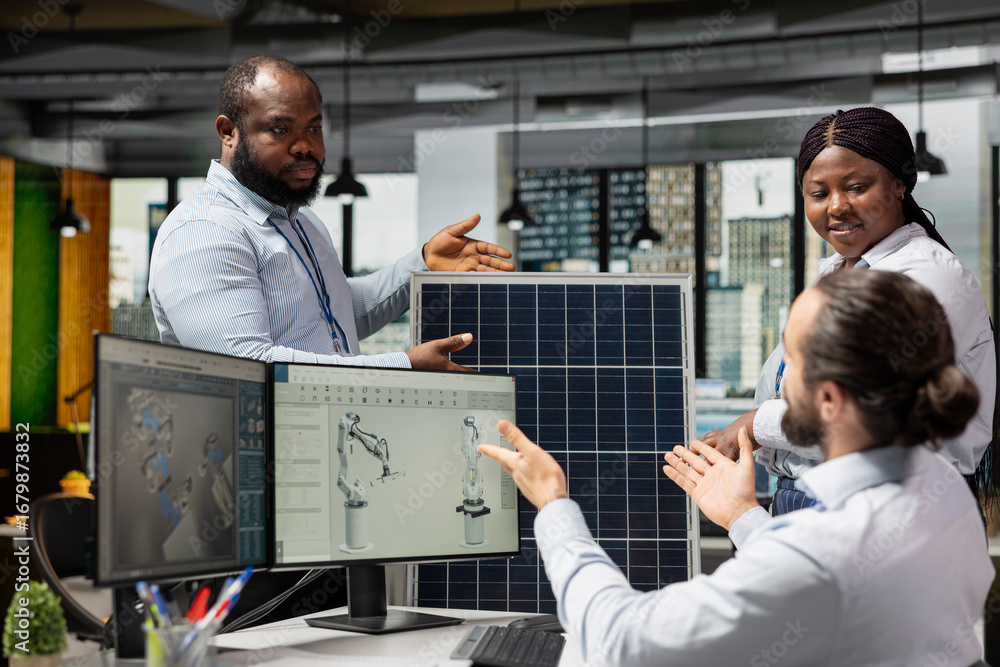 Poster engineering team doing brainstorming to optimize sustainable solar panel fabrication with advanced a